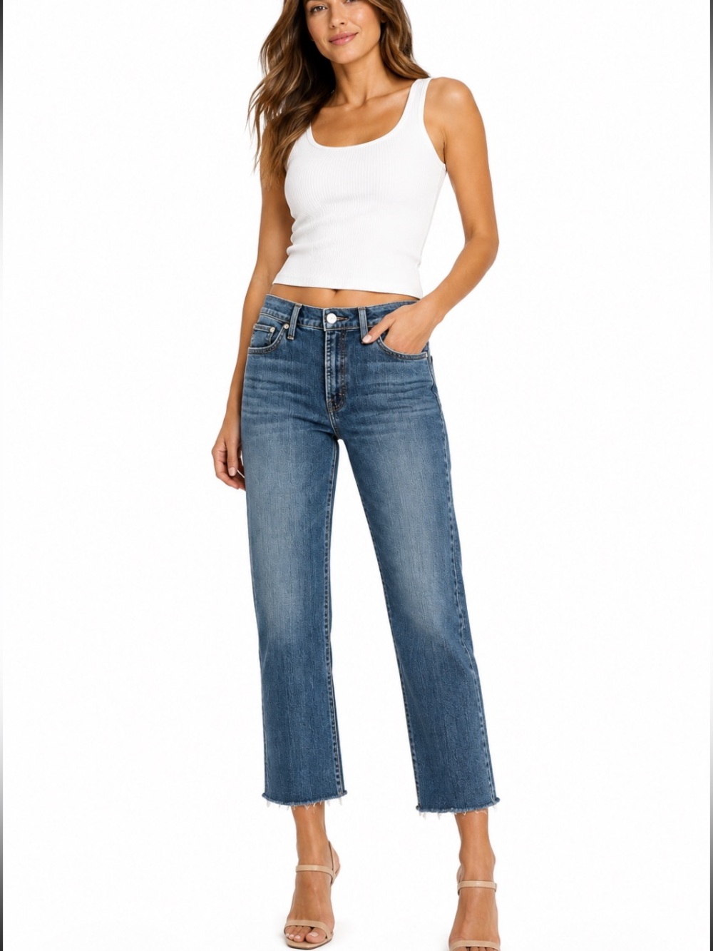 SEVEN7 Blue High Rise Step Raw Hem Cropped Jeans Size 8